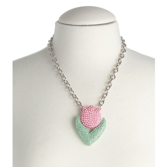 Betsey Johnson Pink Tulip Crystal Pendant Necklace Silver Plated Spring - Picture 2 of 3